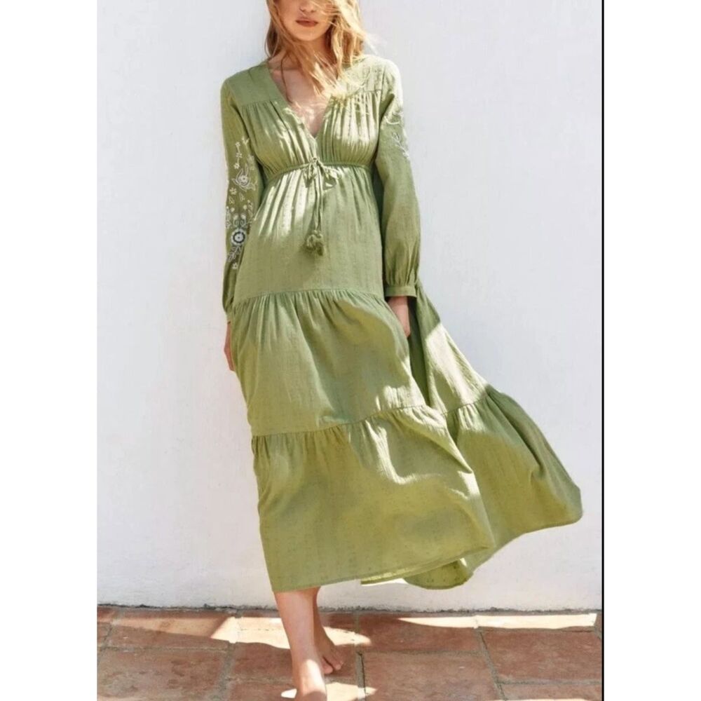 ZARA Embroidered Tiered Maxi Dress Green Medium